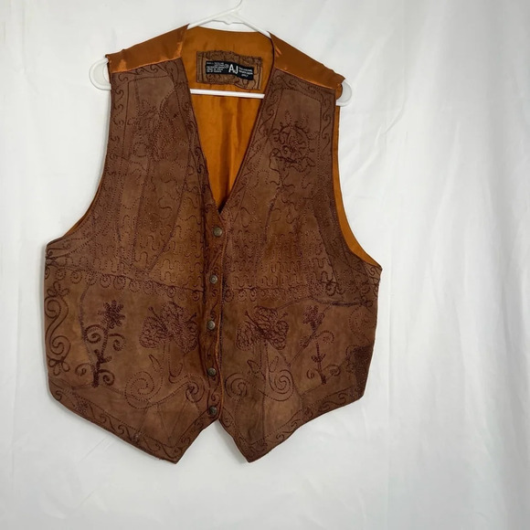 Vintage Men's AJ‎ Brown Leather Western Vest Size 1X Snap Button Front - Picture 1 of 8